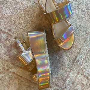 Dolls Kill Rose Gold Holographic Platform Sandals